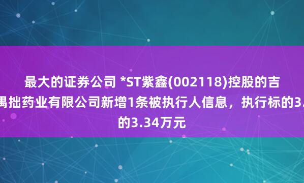 最大的证券公司 *ST紫鑫(002118)控股的吉林紫鑫禺拙药业有限公司新增1条被执行人信息，执行标的3.34万元